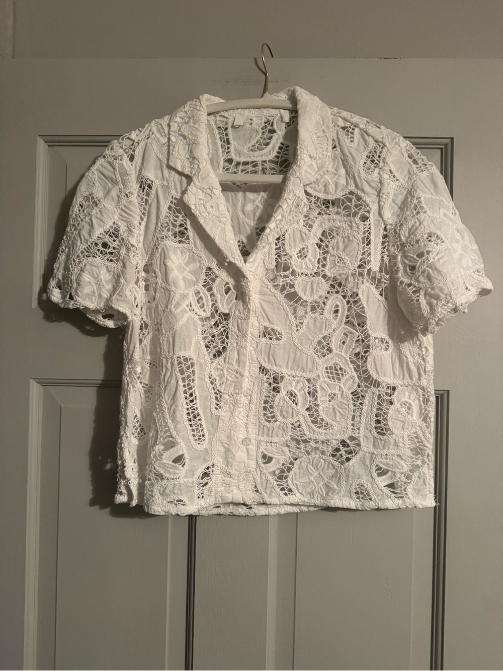 Astr White Crochet Lace Short Sleeve Button-Front Top
